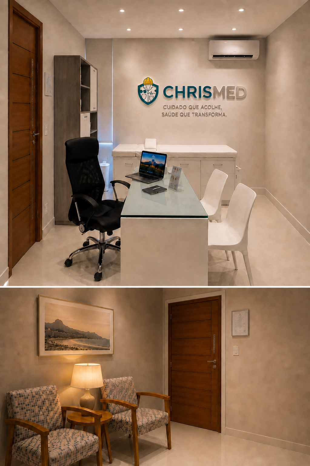 Consultório CHRISMED em Copacabana — sala de espera reservada e sala clínica